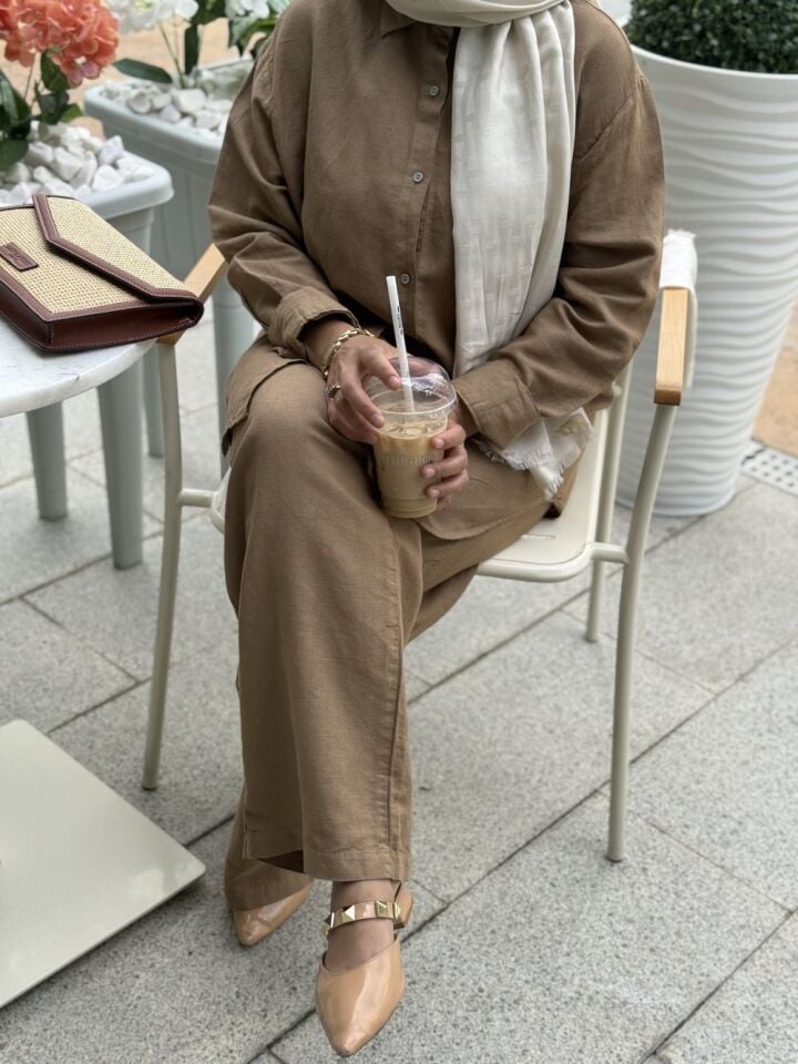 Ham Keten İkili Tesettür Takım camel