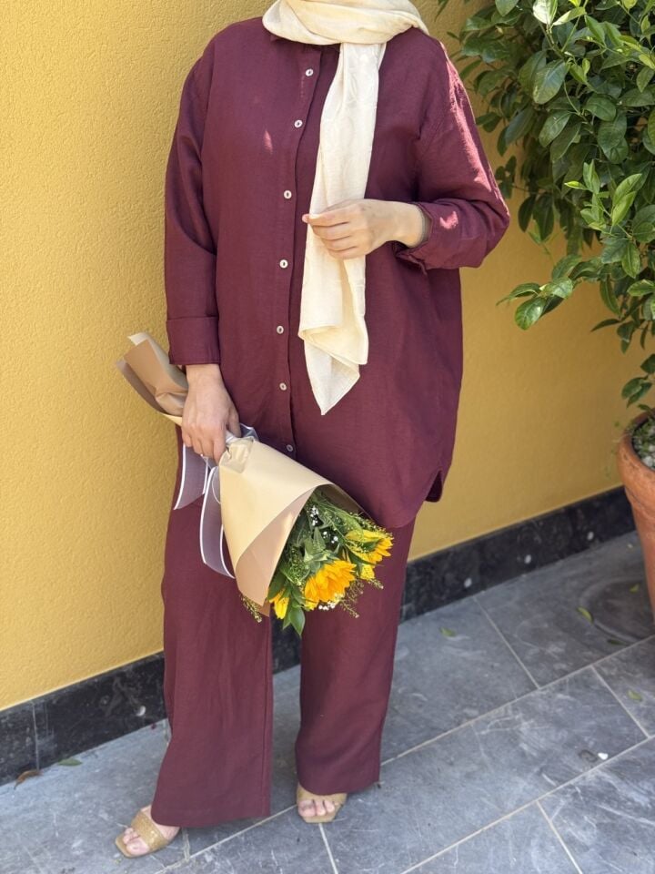 Ham Keten İkili Tesettür Takım bordo