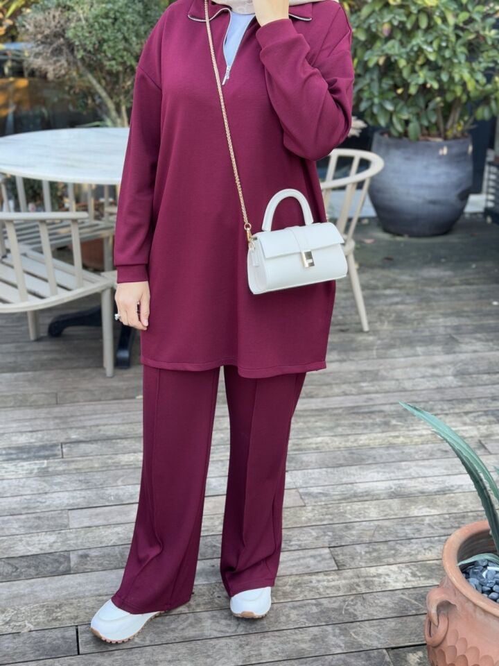 Basic Fermuarlı İkili Tesettür Takım bordo