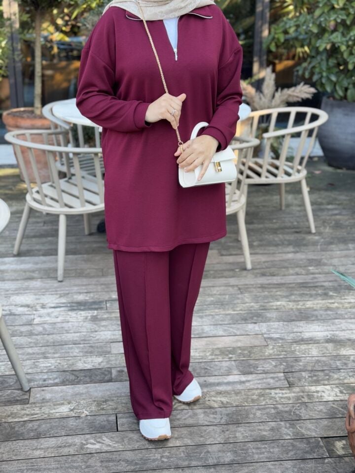 Basic Fermuarlı İkili Tesettür Takım bordo