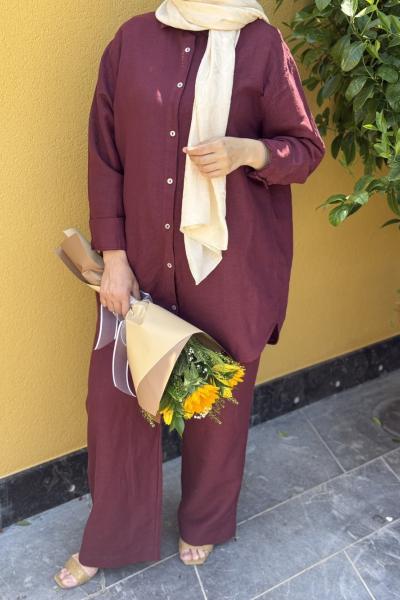 Ham Keten İkili Tesettür Takım  Bordo