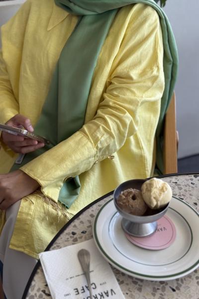 Gold Düğmeli Keten Gömlek Sarı