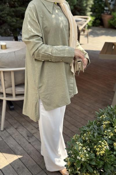 Gold Düğmeli Keten Gömlek Nefti Yeşili