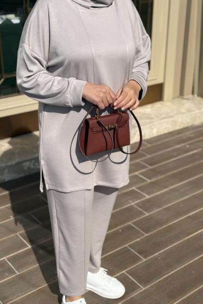 Şal yaka ikili takım Taş Rengi