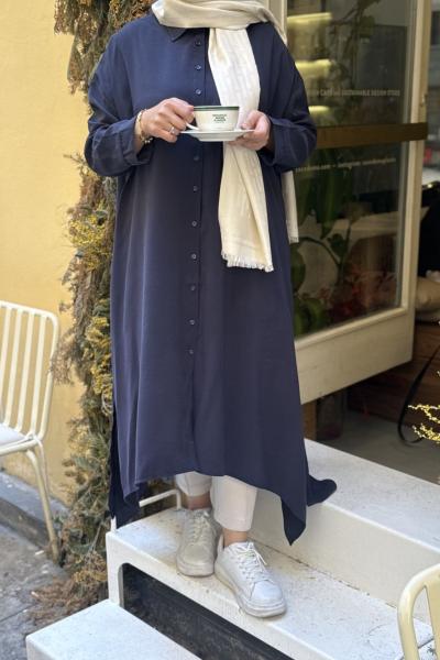 Asimetrik Kesim Tam Boy Gömlek Lacivert