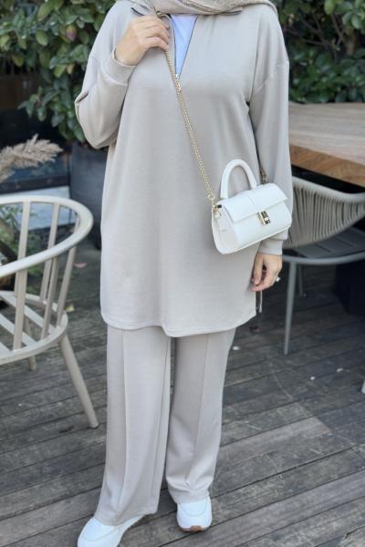 Basic Fermuarlı İkili Tesettür Takım Vizon