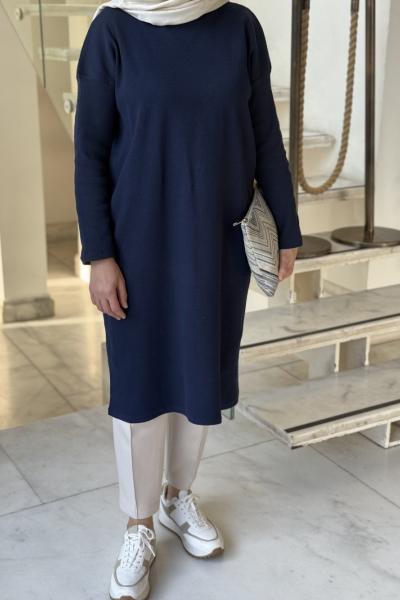 Basic Uzun Tesettür Tunik Lacivert