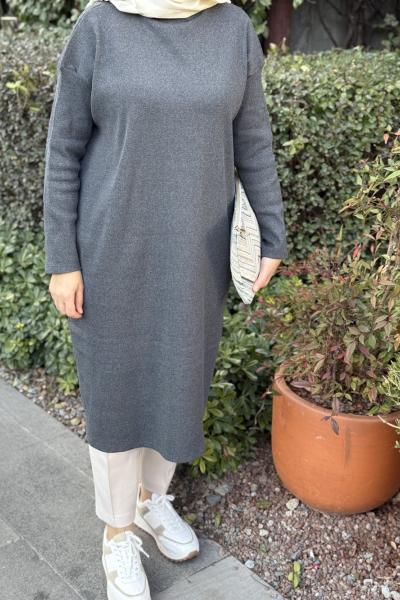 Basic Uzun Tesettür Tunik Gri