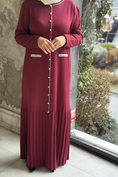 Siyah İnci Detaylı Merserize Elbise Bordo