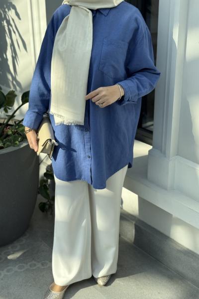 Keten Tesettür Gömlek Mavi