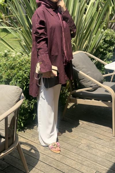 Gold Düğmeli Keten Gömlek Mürdüm