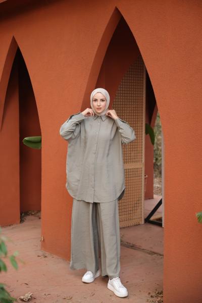 Rahat Kesim Doğal Kumaş İkili Takım Nefti Yeşili Taş Rengi