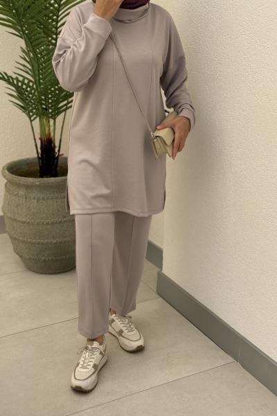 Şal yaka ikili takım Taş Rengi